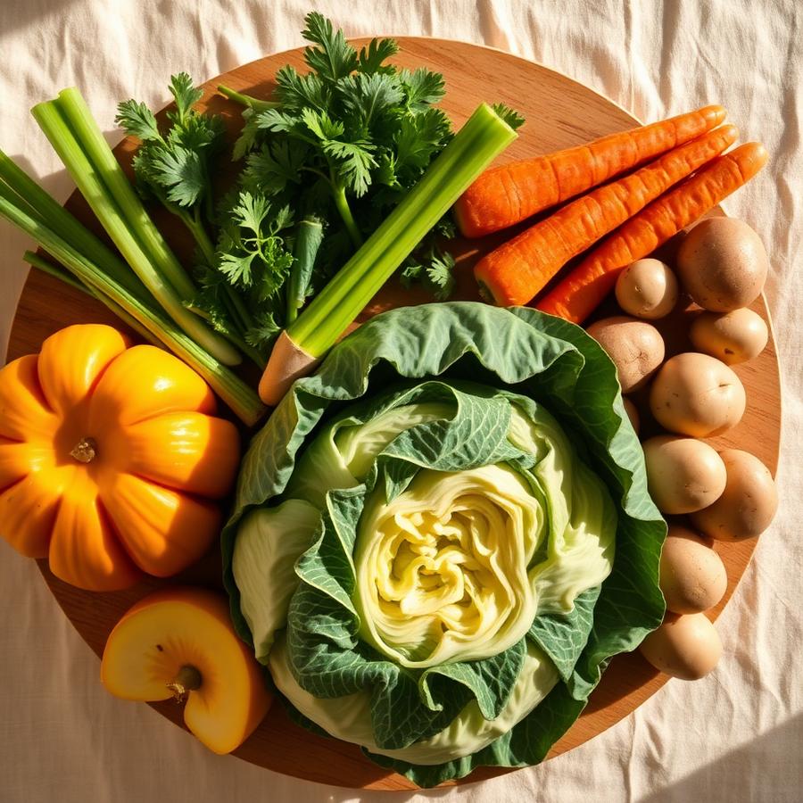 Verdure per minestrone: zucca, sedano, carote, cavolo