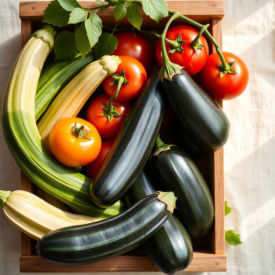 Zucchine, melanzane e pomodori freschi